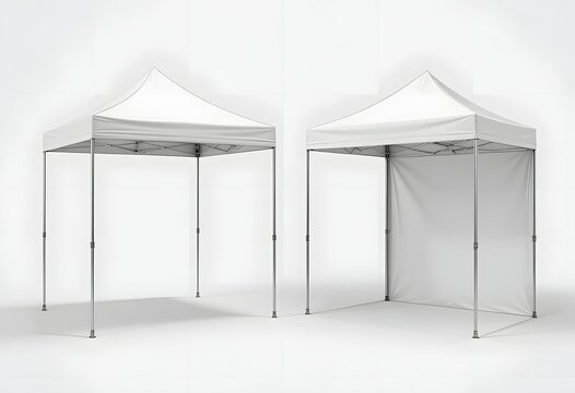 Two isolated white pop-up canopy tents, ideal for outdoor events, market stalls, or promotional displays on a clean background