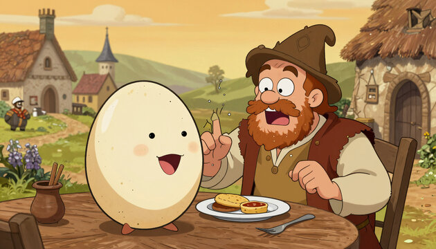 Gl&uuml;ckliches anthropomorphes Ei fr&uuml;hst&uuml;ckt mit b&auml;rtigem Bauern im Dorf