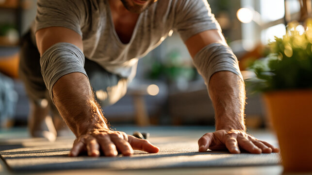 man in comfortable activewear focused on a yoga balance pose in a bright home interior, visible from the shoulders down with face not identifiable, warm natural light creating