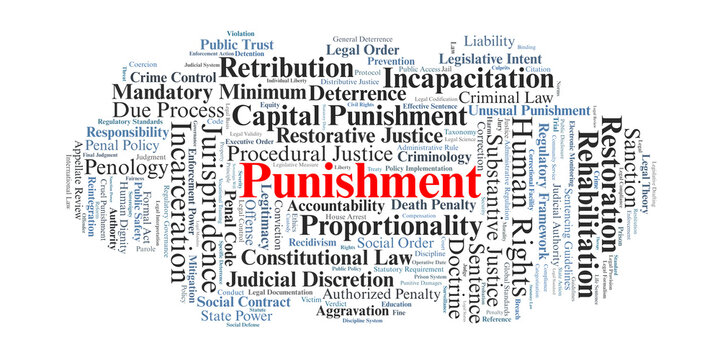Legal Punishment Word Cloud. A visual overview of the theories of justice, sentencing protocols, and the ethical debates surrounding state-sanctioned penalties and human rights.