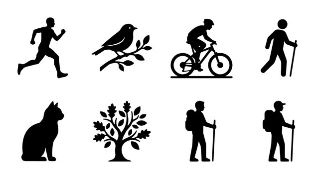 Outdoor Activity Icons Set: Running Man, Bird on Branch, Cyclist, Hiker with Poles, Cat Silhouette, Oak Tree, Backpackers, Vector Graphics for Recreation and Nature