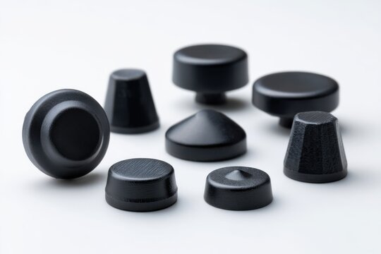 Collection of Black Rubber Feet and Bumpers on White Background.