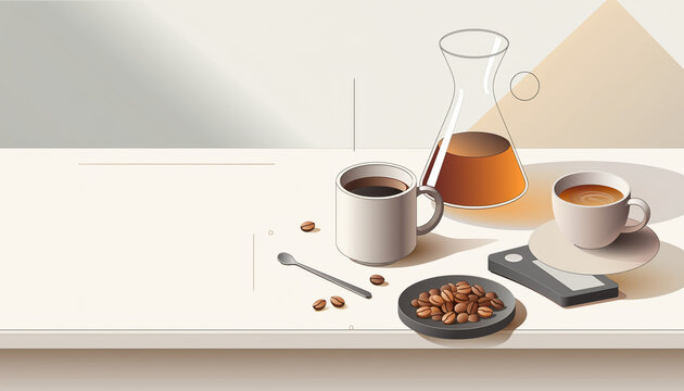 A fresh cup of coffee and a matching cup of coffee beans sit on a white cafe table for a morning breakfast break