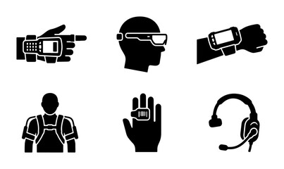 Wearable Technology Icons Set: Smartwatch, VR Headset, Futuristic Gadgets, Handheld Device, Augmented Reality Gear, Communication Headset, Digital Innovation © Selim