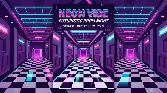 Neon lit futuristic hallway with checkered floor and event signage for prom night