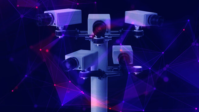 Security camera, overlayed with digital plexus network. Survelliance concept.