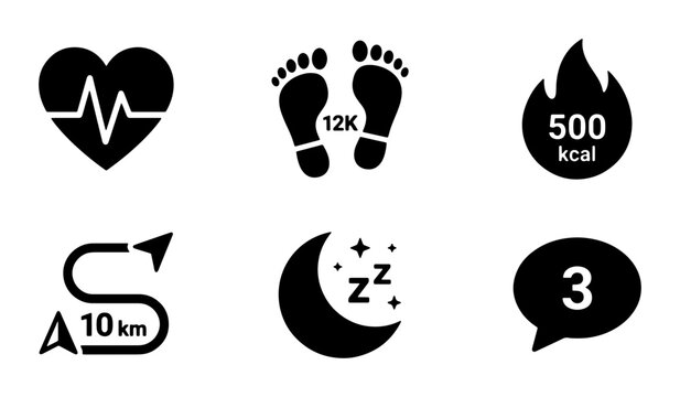 Fitness Tracker Icons Set: Heart Rate, Steps, Calories, Distance, Sleep, Messages - Health Monitoring Vector Graphics