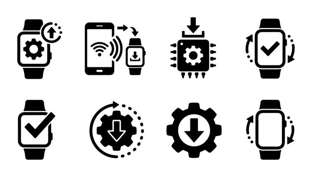 Smartwatch Technology Icons: Gear Settings, Data Sync, Software Update, Chipset Integration, Download, Upload, and Connectivity Symbols