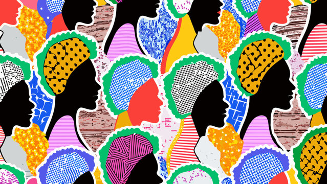 seamless pattern of stylized female head silhouettes with colorful abstract geometric fills