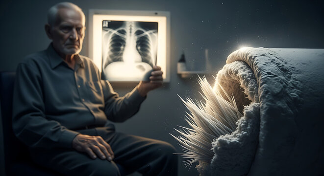 Elderly Man Holding Chest Xray for Asbestos Related Diseases Beside Macro View of Toxic Fibers Depicting Mesothelioma Risk and Hazardous Material Health Exposure