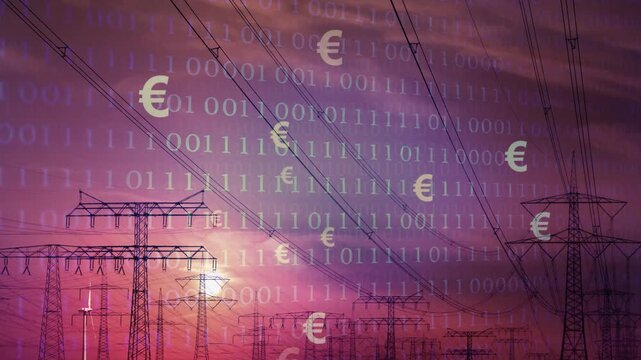 sunset time lapse with binary code and animated euro signs over high voltage tower landscape video with wind turbine, abstract concept for electricity 