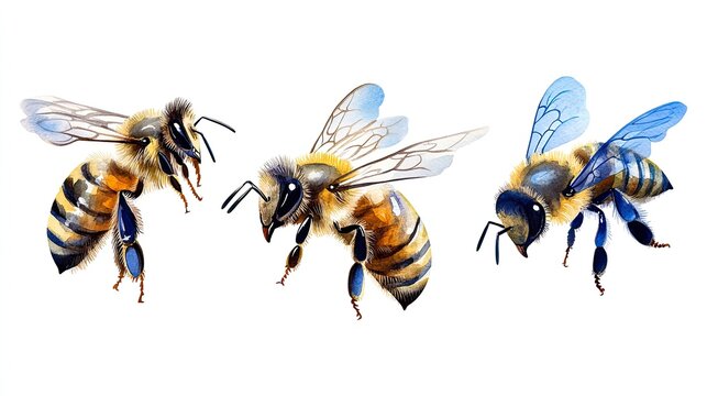 Three detailed illustrations of honeybees in flight.