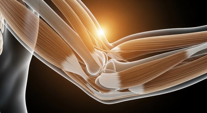 Close-up of human elbow joint with muscle and skin