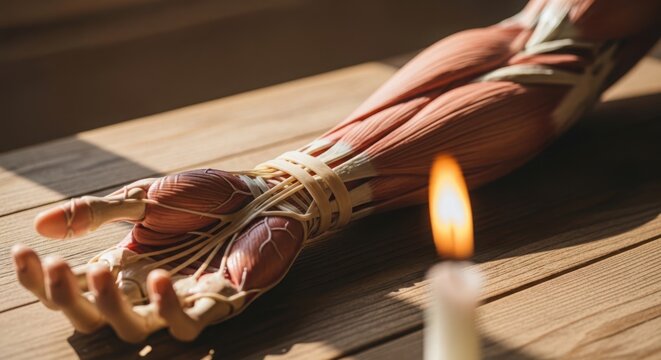 Hands holding cooked sausages and bread on wooden table