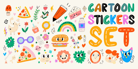 colorful cartoon sticker set with whimsical illustrations of food animals and decorative elements © Nipa