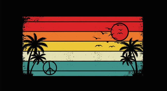 Retro sunset palm trees and peace sign
