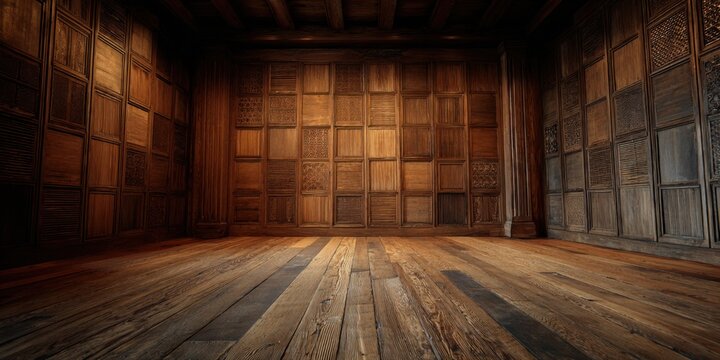 Rustic Wooden Interior with Warm Lighting and Textured Walls.