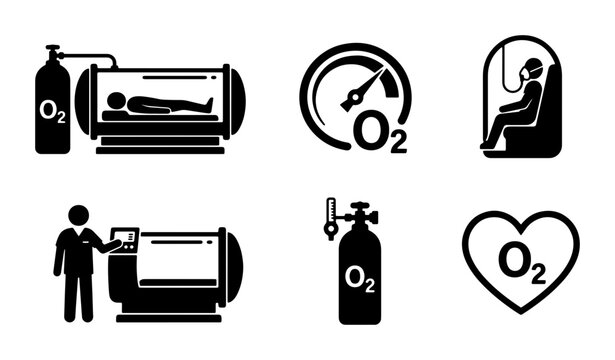 Oxygen Therapy Icons, Hyperbaric Chamber, Medical Treatment, Health Care, Respiratory Support, O2 Cylinder, Vector Set