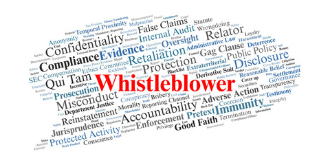 Fototapeta premium Whistleblower Word Cloud. A visual summary of terms related to reporting misconduct, anti-retaliation statutes, qui tam actions, and the legal frameworks protecting institutional integrity.