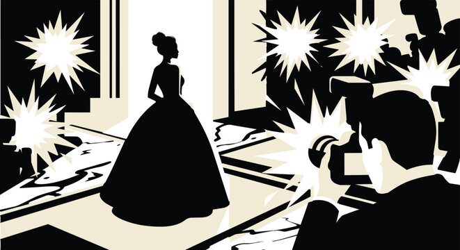 Elegant silhouette of a woman in a ballroom gown or wedding dress being photographed by intense camera flashes at a high-fashion photoshoot or wedding ceremony illustration.