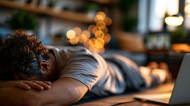 man visible from the shoulders down performing a gentle morning back stretch on a mat in a home interior, following along with a yoga session visible on a small screen in the