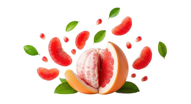 Sliced grapefruit with floating segments, juice vesicles, and green leaves isolated on a black background, citrus fruit composition