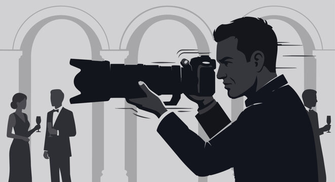 Professional Photographer Holding Large DSLR Camera with Telephoto Lens, Paparazzi Man in Suit Taking Secret Photos, Noir Style Illustration of Press and Media Investigation Concept.
