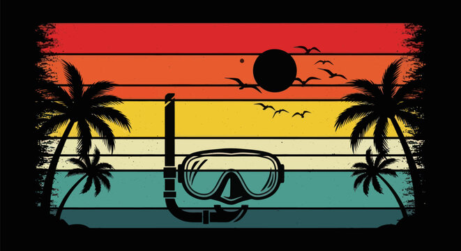 Sunset beach scuba diving illustration