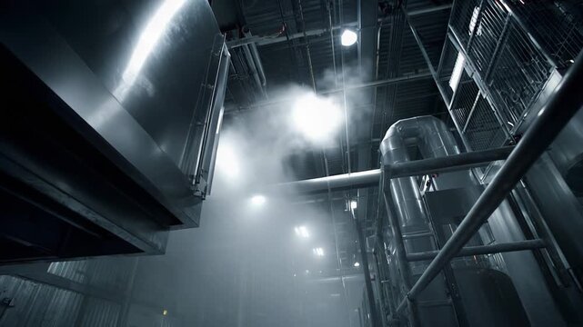 Modern manufacturing plant interior featuring intricate piping, metal structures, and diffuse steam creating an atmospheric and industrious environment, highlighting technology and power