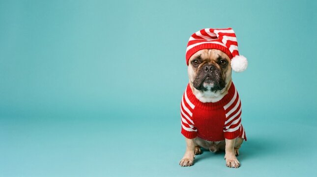A French Bulldog wearing a red and white striped sweater and matching Santa hat, sitting against a teal background. The dog has a characteristically grumpy expression despite the festive outfit.