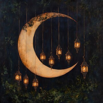 Illuminated crescent moon with hanging lanterns dark academia aesthetic