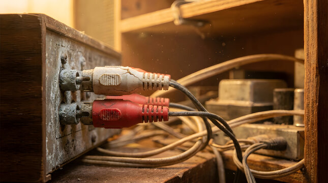 Old RCA cables connected to a dusty electronic device