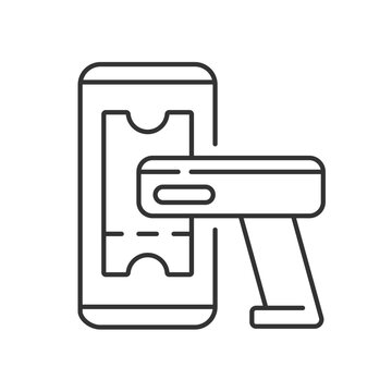 Ticket scanner linear icon. Scan unique barcodes on printed tickets to validate its barcode. Thin line customizable illustration. Contour symbol. Vector isolated outline drawing. Editable stroke