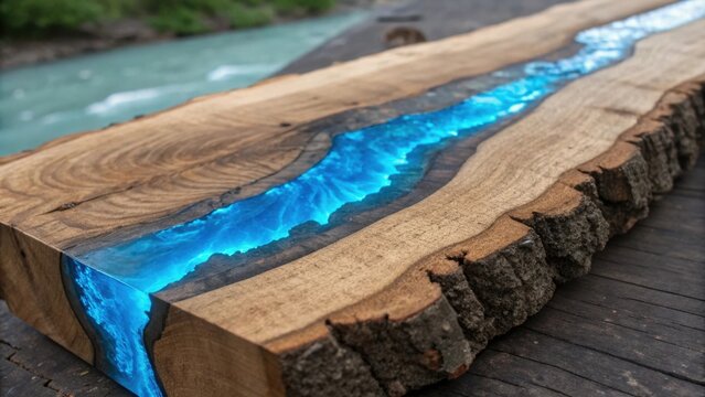 Glowing blue river table made of wood
