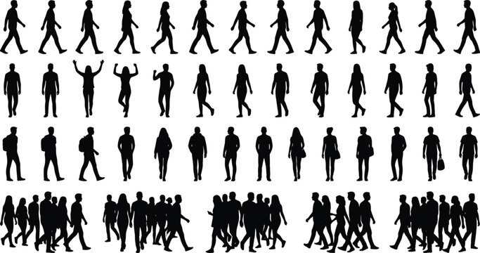 Large collection of walking standing and crowd people silhouettes isolated on gray background for urban lifestyle design