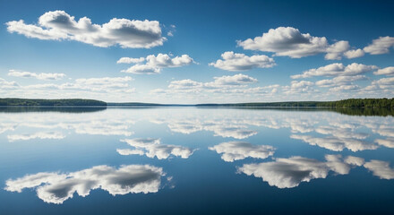 Obraz premium Clouds reflect in a calm lake for a banner.