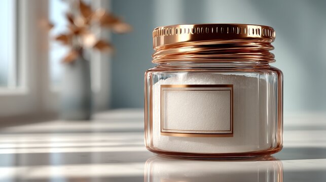 Luxury skincare cream jar with rose gold lid and glass body, bathed in warm natural sunlight, symbolizing elegance, anti-aging, and premium self-care routines.