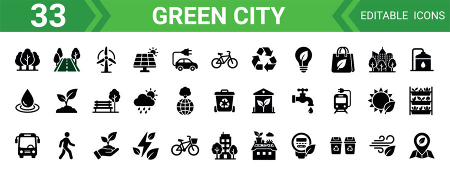 Green city solid icon set.  editable vector illustration mega pack.