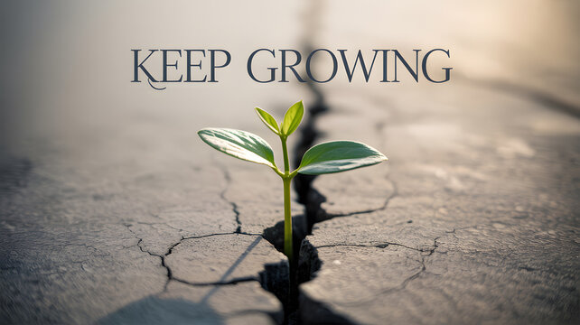 A small green plant grows through a crack in the dry earth with a motivational phrase above it.