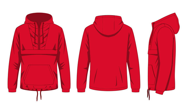 Red hooded anorak jacket with kangaroo pocket vector on transparent background
