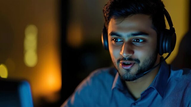 focused young indian man wearing headset looking at computer screen in dark room. male gamer playing online video game at night. it support, programmer, e-sports tournament.