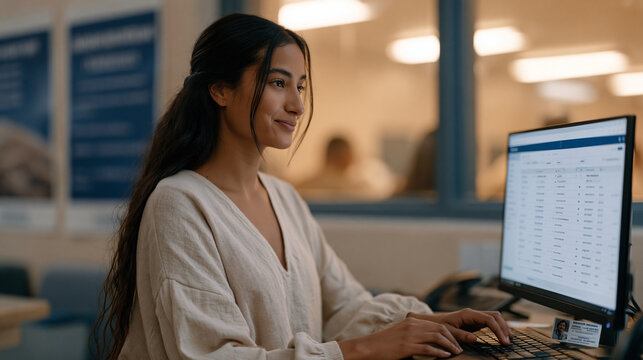 Young female correctional counselor pulling up parole risk assessment dashboard on institutional workstation, intake waiting area visible through observation window, motivational rehabilitation post