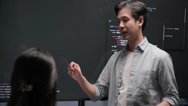 Programmer software developer engineer coding project presentation monitor meeting working data analysis business information technology tech support database concept