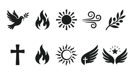 Obraz premium Spiritual Symbol Vector Icons – Dove, Flame, Sun, Wind, Olive Branch, Cross, Wings, Moon, and Chalice Silhouettes