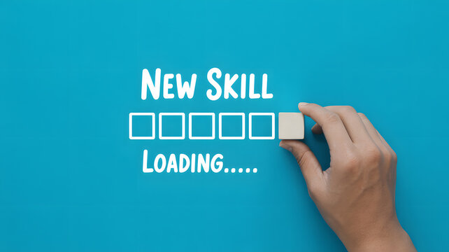 A hand interacting with a loading bar for a new skill on a blue background