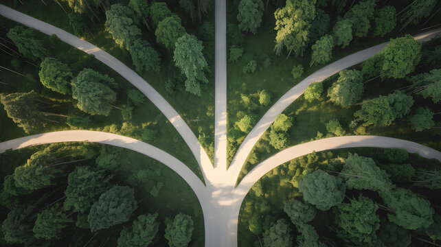Aerial view of a serene forest with multiple roads converging in a peaceful natural setting