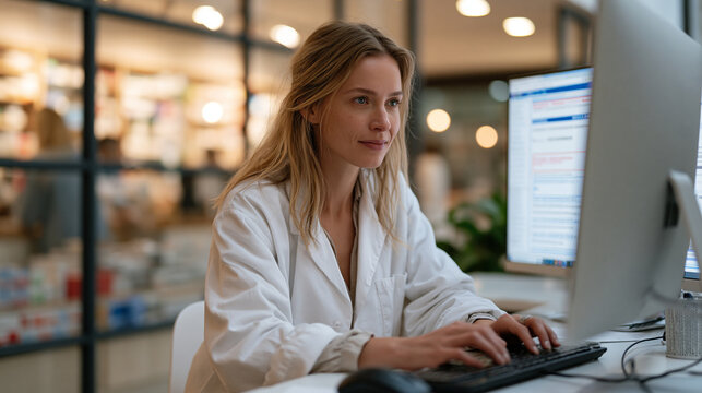 Pharmacist seated at dual monitor workstation reviews flagged drug interaction alert for elderly cardiac patient, clinical decision support software displaying contraindication warnings, busy retail