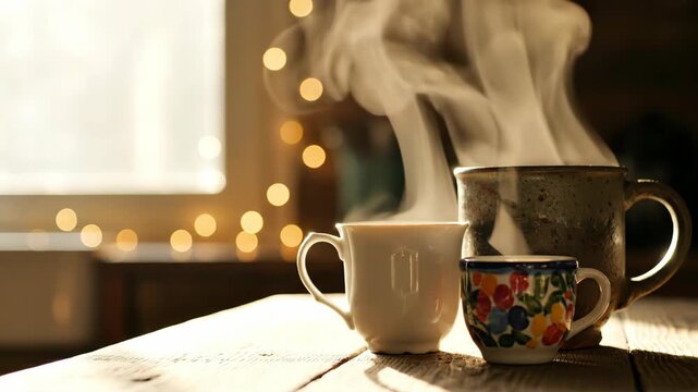 Steaming hot tea in ceramic cups and mug on wooden table. Rising vapor from beverages in cozy interior with window light and string lights. Hospitality setup for relaxation and winter beverage