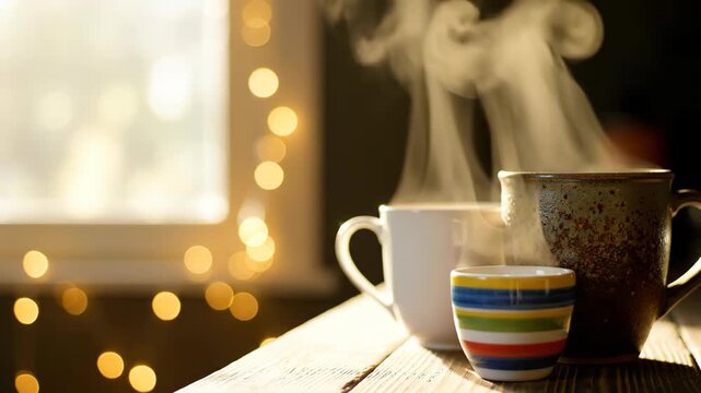 Steaming hot beverages in ceramic mugs on rustic wooden table. Warm window light and string lights illuminate setup. Cozy drink serving concept for cafe interiors