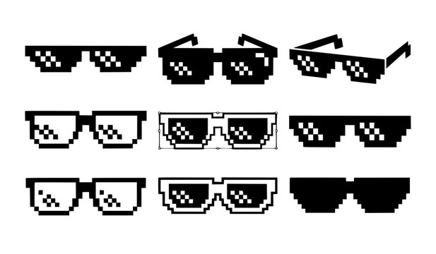 Black and white pixel glasses vector illustration set in retro 8 bit gaming style
